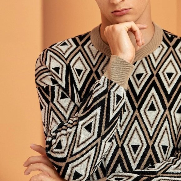 White Mens Geometric Print Sweater - Picture 4 of 5